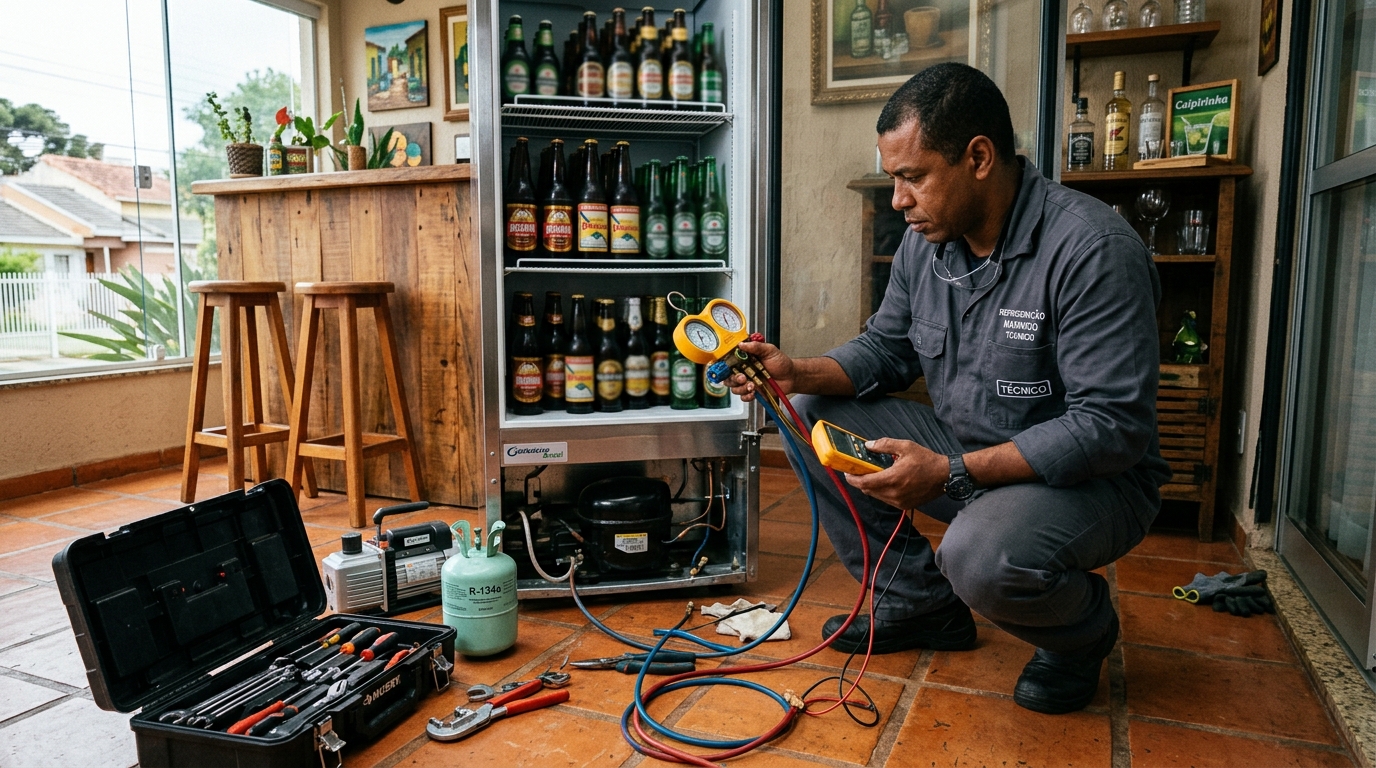 Técnico realizando manutenção de motor de cervejeira na Caixa D’Água, Salvador‑BA