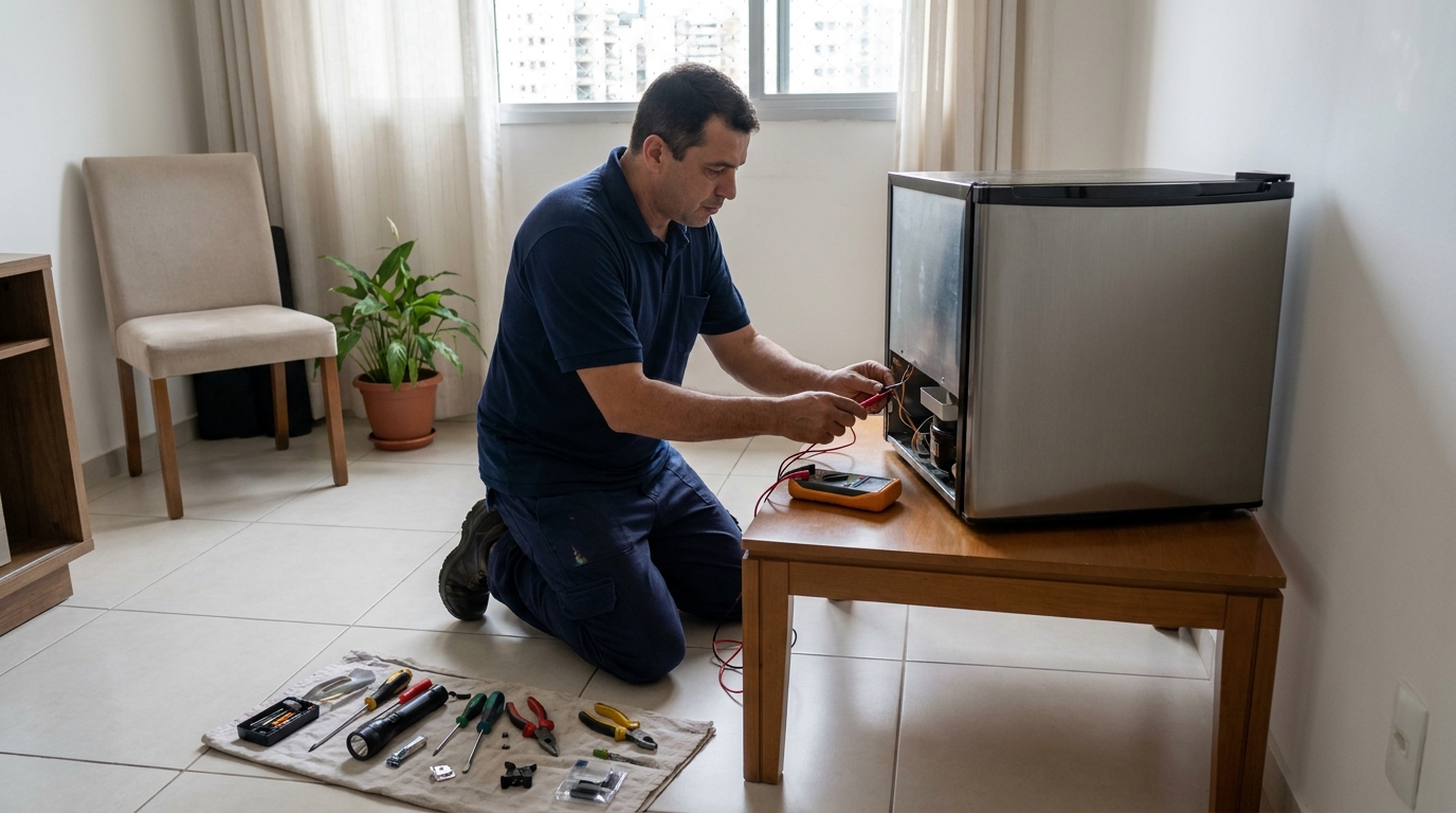 Técnico realizando manutenção de motor de frigobar na Caixa D’Água, Salvador‑BA