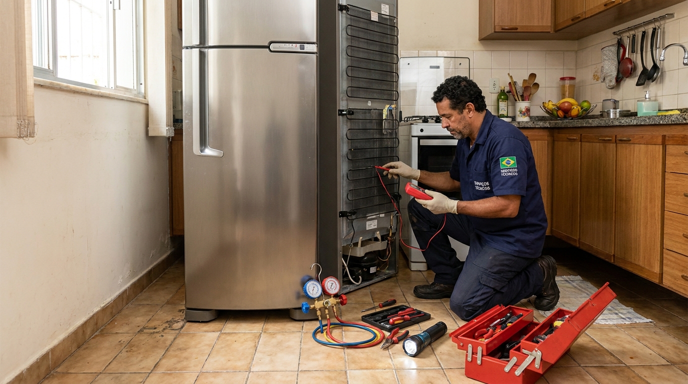 Técnico realizando manutenção de motor de geladeira na Boca do Rio, Salvador‑BA