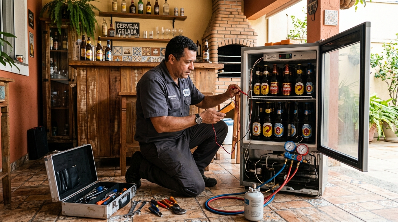 Recarga de gás refrigerante em cervejeira em atendimento na Caixa D’Água, Salvador‑BA