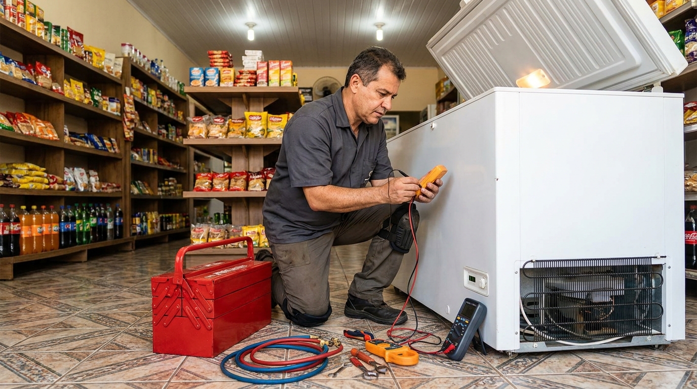 Recarga de gás refrigerante em freezer em atendimento na Caixa D’Água, Salvador‑BA