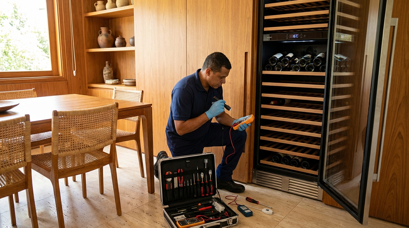 Troca de termostato de adega climatizada em atendimento técnico na Caixa D’Água, Salvador‑BA