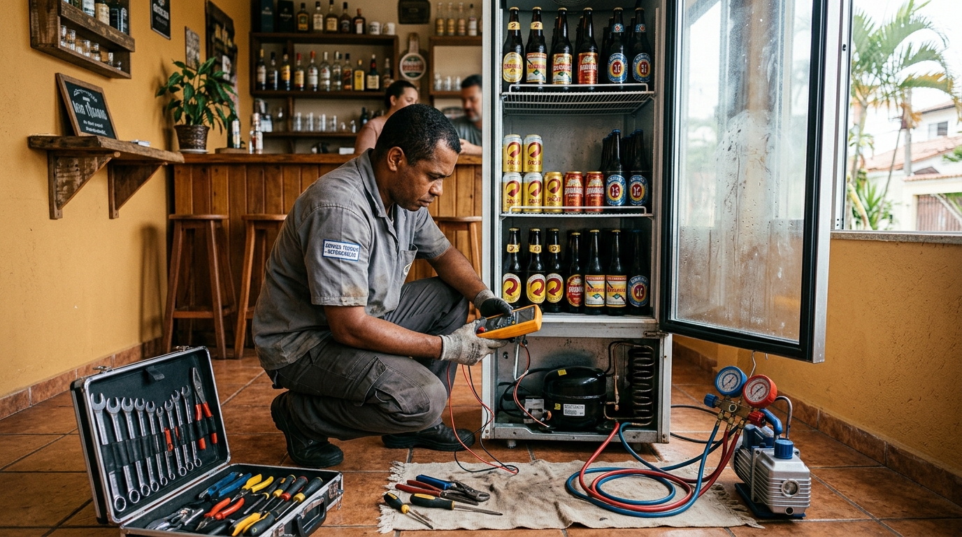 Troca de termostato de cervejeira em atendimento técnico na Caixa D’Água, Salvador‑BA