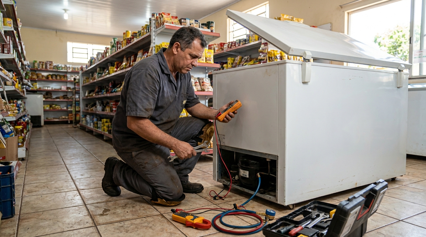 Troca de termostato de freezer em atendimento técnico na Caixa D’Água, Salvador‑BA
